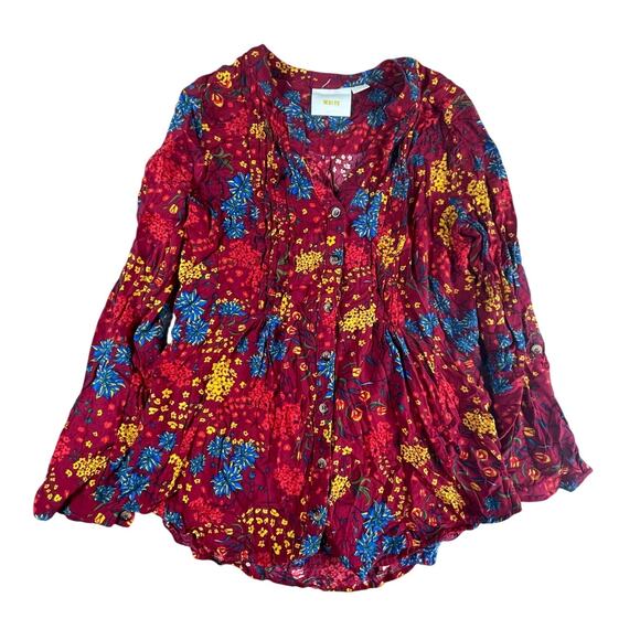 Maeve by Anthropologie Shirt Women Small Red Floral Long Sleeve V-Neck Button Up - Picture 1 of 7